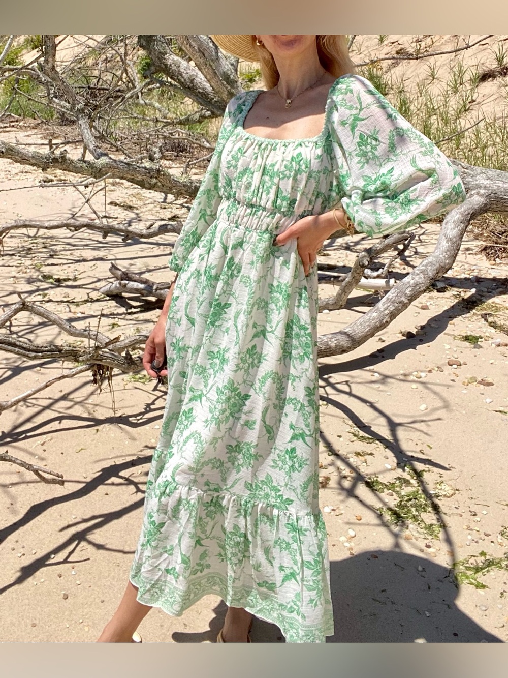 MAX STUDIO Boho Green Floral Peasant Midi Dress! 🍃